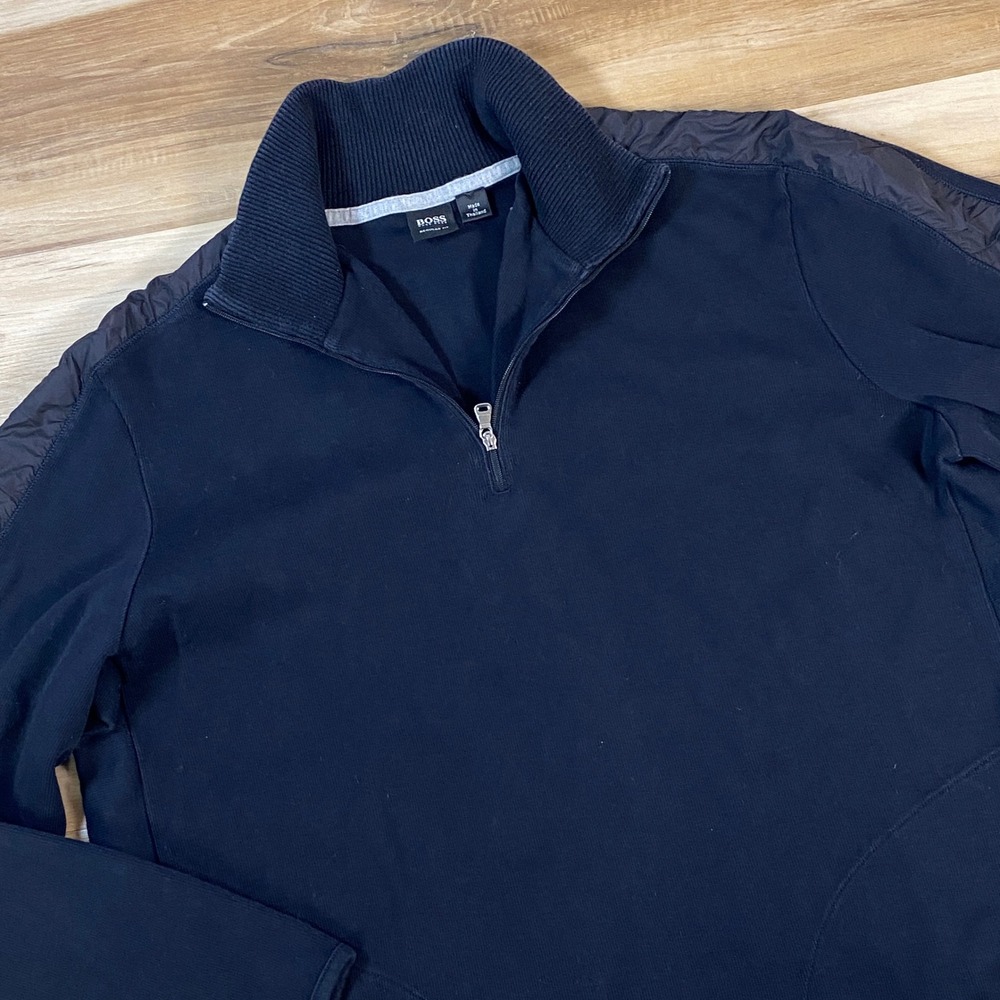 Hugo Boss Quarter‎ Zip Mens XL Minimalist Cotton Quilted Hybrid Black Sweater